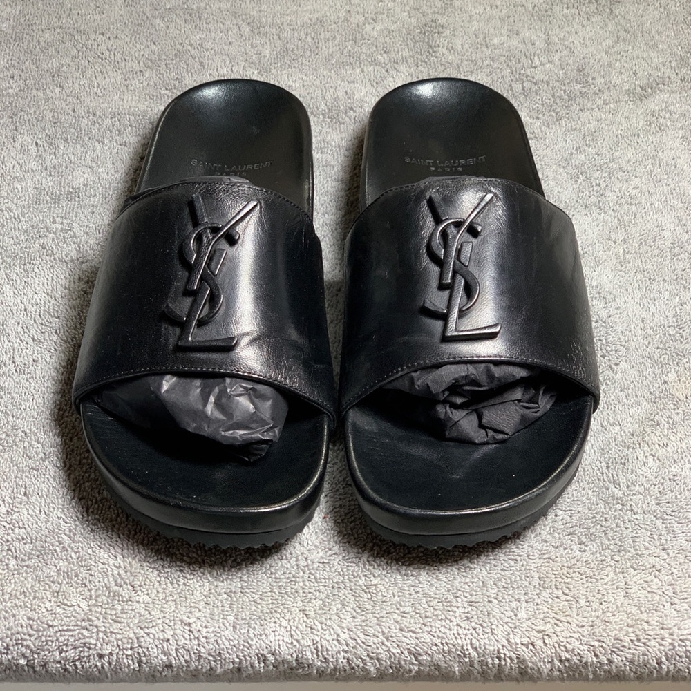 Black leather slides